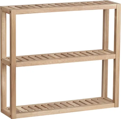 A wooden shelf unit with two slatted shelves, shown against a white background.