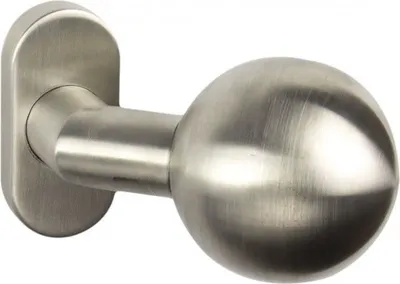 A close-up studio shot of a silver, spherical doorknob attached to a mounting plate.