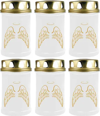 Produktbild von Grabkerze Weiß 6er Pack ( Druck Gold ), 48 Stunden/Kerze, Motiv: Engelsflügel