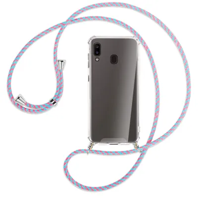 Produktbild von Handykette Backcover-Schutzhülle mit Band (Metall silberfarben) für Samsung Galaxy A20e - pink/mint
