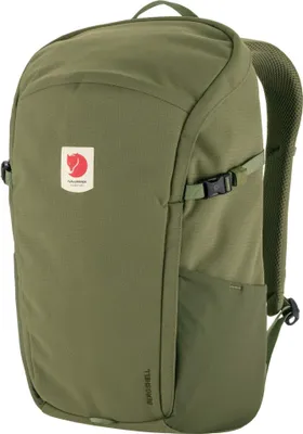 A green backpack is shown from the front.
