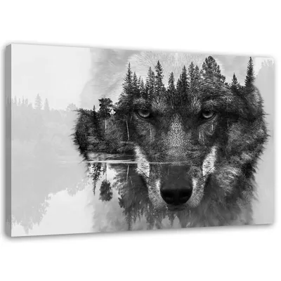 Produktbild von Leinwandbild schwarzer wolf vor wald und see abstrakt 90x60 cm Feeby grau wandbild bereit zum aufhängen