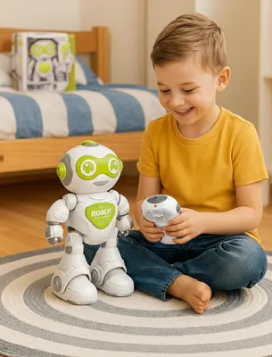 A young boy is playing with a remote-controlled robot in a bedroom.