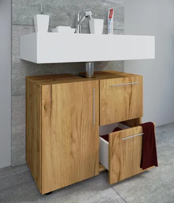 Produktbild von VCM Holz Waschbeckenunterschrank | Badschrank | Maße: H. 51 x B. 61 x T. 32 cm | 1 Drehtür | 2 große Schubladen | modernes Badezimmermöbel - Flandu
