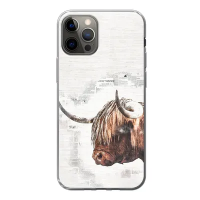 Produktbild von MuchoWow® Handyhülle Schutzhülle Hülle für iPhone 12 Pro Scottish Highlander - Tiere - Zeitungspapier Silikon Softcase Handy Hülle - Abdeckung