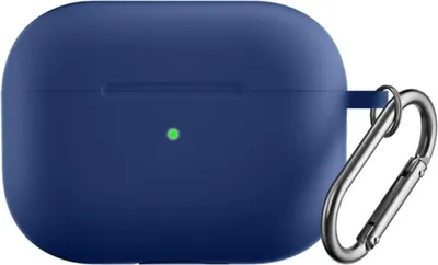 A dark blue protective case for Apple AirPods Pro 2 with a silver carabiner attached.