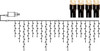 A diagram of an LED icicle light string with a power plug and four individual LED bulbs shown separately.