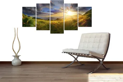 Produktbild von Akustikbild Landschaft Natur 200x100 cm Bilder Akustikschaum Hochleistungsschallabsorber Schallschutz Leinwand 5 tlg Wandbild Raumakustik Schalldämmung Gebirge Wiese c-C-0058-b-m