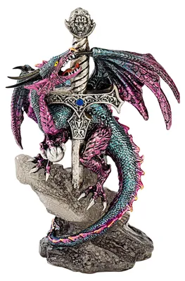 Drachenstatue mit Schwert, 20,5 cm, Polyresin, handbemalt