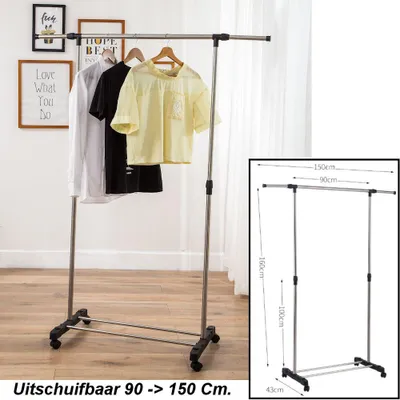 Productafbeelding van Verrijdbaar mobiel Kledingrek op wieltjes - 1 Uitschuifbare Kledingstang van 90 -> 150 Cm - Stevig Staand Mobiel Verstelbaar Kleren Rek Garderoberek -