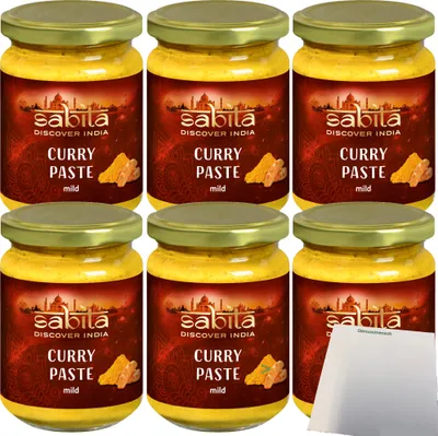 Produktbild von Sabita Curry-Paste mild für typisch indische Currys zum marinieren von Hähnchen Lamm Rind sowie Fisch 6er Pack (6x125g Glas) + usy block