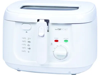 A white electric deep fryer is shown against a white background.