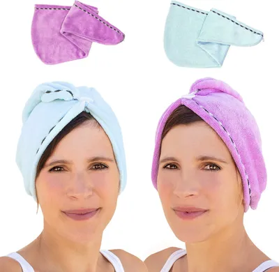 Produktbild von Oblique Unique 2x Haar Handtuch Turban Kopfhandtuch Schnelltrocknend hellblau lila im Set