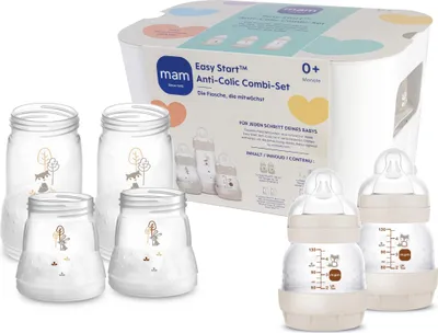 Produktbild von MAM Easy Start Anti-Colic Combi-Set, Babyflaschen Set mit 6 Flaschen gegen Koliken (2 x 130 ml, 160 ml, 260 ml) & Flaschenkorb, Babyausstattung ab der Geburt, beige