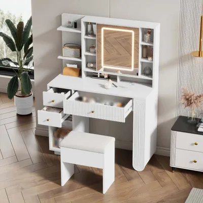 Produktbild von AIORBER Schminktisch, mit Spiegel & Hocker,LED-Beleuchtung in 3 Farben,Frisiertisch, mit Schubladen, offenem Regal, für Schlafzimmer,100×40×138cm,Weiß