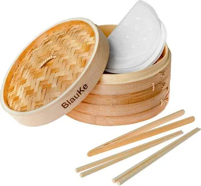 Produktbild von Unyqoos® Bambusdampfkorb 25 cm – 2‑stöckiger Bambus-Dampfgarer mit Deckel, 2 Paar Essstäbchen, Zange & 50 Papier‑Einlagen – für Dim Sum, Gemüse, Reis, Fleisch