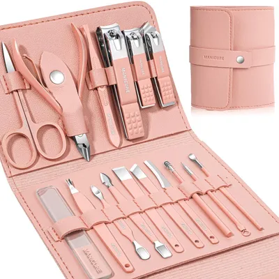 Produktbild von Maniküre- und Pediküre-Set 16-teilig Edelstahl mit Ledertasche Pink