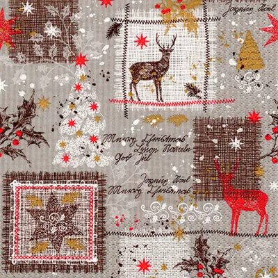 Produktbild von Servietten Papier 33x33cm Patchwork Hirsch Motiv 20 Stück Taupe