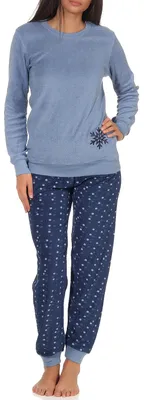 Produktbild von Damen Frottee Pyjama Schlafanzug langarm mit Bündchen und Eiskristall Motiv 291 201 13 900 ; blau , 48