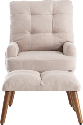 Produktbild von Loungesessel mit Fußstütze Beige Armlehnstuhl Freizeitstuhl Sessel Massivholzstuhl Polsterstuhl Rückenlehne 10-stufig verstellbar Mit Seitentaschen