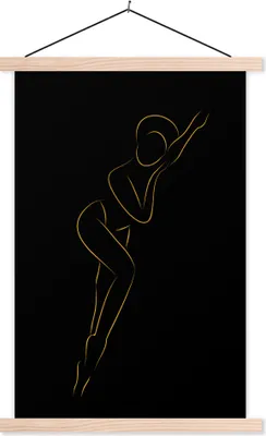 Produktbild von MuchoWow® Textilposter Frau - Schwarz - Gold - Strichzeichnung 40x60 cm mit holzfarbenen Rahmen - Poster