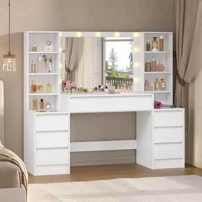 Produktbild von Schminktisch mit Beleuchtung, 3 Lichtfarben, einstellbare Helligkeit, Steckdosen, 7 Schubladen, 8 Fächer, Spiegel, verstellbare Ablagen, Weiß