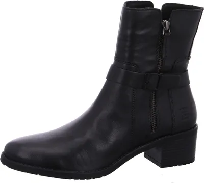 A black leather ankle boot with a side zipper and buckle strap.