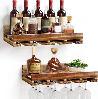 Image de Étagère à vin murale en bois, style vintage : lot de 2 avec support pour verres à vin