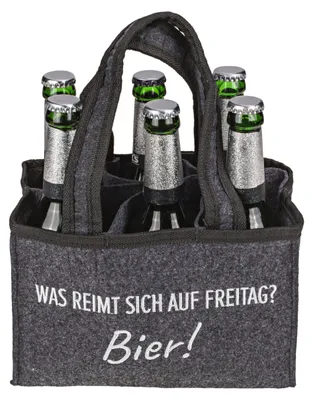 Productafbeelding van Flesentas van vilt met 6 vakken. Tekst: "Waar rijmt op vrijdag? Bier!"
