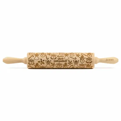 Produktbild von Folkroll Teigrolle Frohe Weihnachten, groß, 43 cm, Nudelholz, Prägerolle, Muster, Motiv, Rolle, Buchenholz, 334935