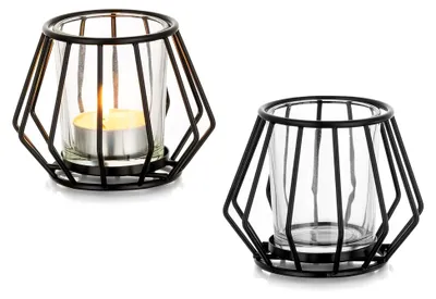 Produktbild von Teelichthalter Schwarz Metall: 2er Set Windlicht Klein für Teelichter Deko Wohnzimmer Tischdeko Teelichtgläser für Zimmer Schlafzimmer Esstisch