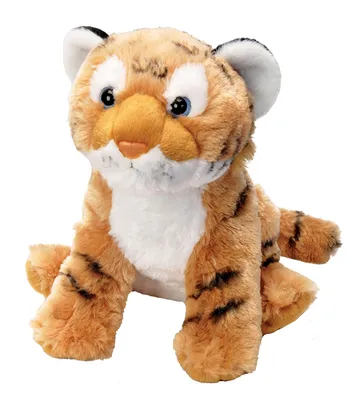 A plush toy tiger sitting on a white background.