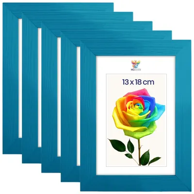 Produktbild von MG Design 5er Set Bilderrahmen Türkis 13x18 cm - Echtholzrahmen mit Acrylglas, hoch/quer, zum Aufhängen & Aufstellen