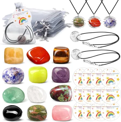 Productafbeelding van Geluksstenen - Set van 12 - Leren banden - Zakjes - Cadeau voor de eerste