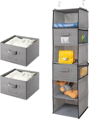 Produktbild von Famanu Kleiderschrank Organizer Faltbar mit 6 Fächern und 2 Schubladen - Grau - 30x30x110 cm