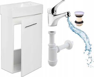 Image de Stamar | Etagère murale blanche, avec lavabo, pour la salle de bains, 50 cm, robinetterie Click-Clack, siphon