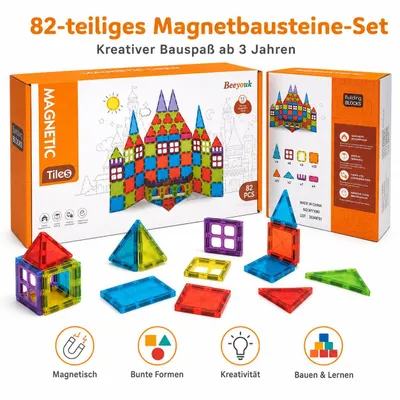 Produktbild von Magnetbausteine Set 82-teilig für Kinder ab 3 Jahren – Magnetische Bauklötze / Magnetic Tiles für kreative Bauwerke, Schloss, Häuser & Formen
