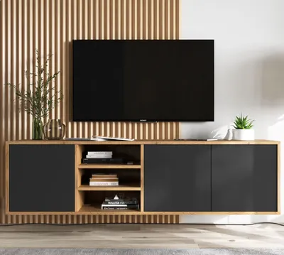 Zdjęcie produktu dla Wisząca Szafka RTV Loft Komoda RTV Industrialna Dąb Wotan Czarny MAT 150 cm