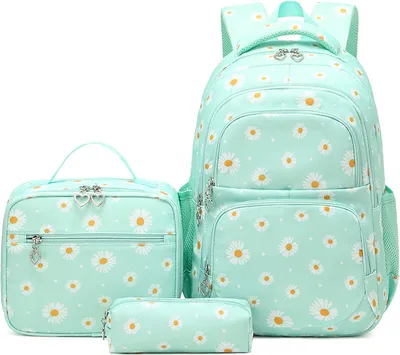 Immagine prodotto di Zaino scolastico per ragazze e adolescenti, set zaino e cartella con margherite, con tasca porta-pranzo e astuccio, verde, margherite