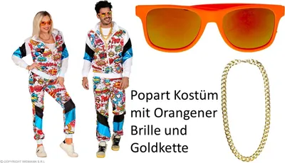 Produktbild von Set Pop Art Trainingsanzug für Sie und Ihn  Jogginganzug Gr. S bis 2XL - mit Brille und Goldkette S - 170-177 cm