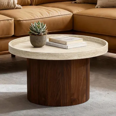 Produktbild von Runder Couchtisch mit Tablettplatte und braunem Gestell,Holzoptik | Ø60 x H34 cm