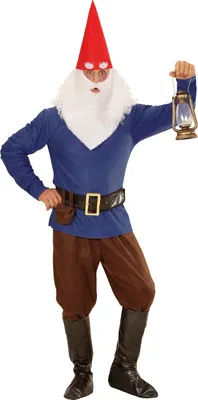 A person dressed in a gnome costume holding a lantern.