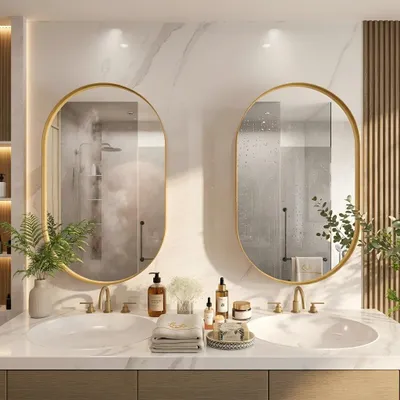 Immagine prodotto di AIORBER Armadio a specchio ovale con spazio contenitivo, armadio a specchio da bagno con telaio in metallo e ripiani regolabili, da parete o da incasso, oro
