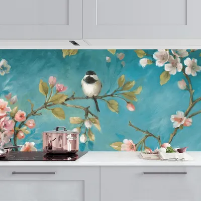 Produktbild von Küchenrückwand Blumen selbstklebend - 0.65 mm Wandpaneel wasserfest Kirschblüte petrol Spritzschutz fugenlos