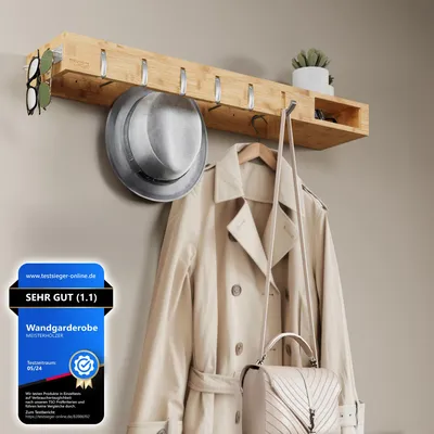 Produktbild von Meisterhölzer Wandgarderobe Holz – 4-in-1 Garderobenleiste mit Ablage, klappbaren Haken, Brillenhalter & Kleiderstangen – Modern & Platzsparend