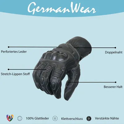 Produktbild von Motorradhandschuhe Motorrad Biker Lederhandschuhe Schwarz, Größe:7=S