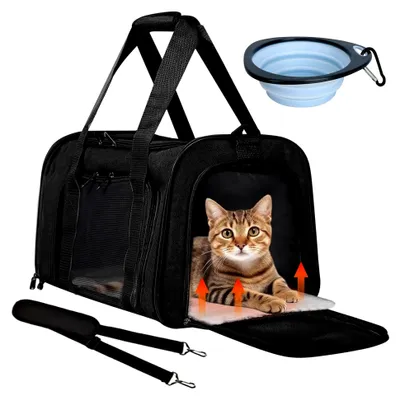 Produktbild von Transportbox für Katzen und Hunde, faltbar, inkl. Hundenapf, 42 x 27 x 28 cm (Schwarz 2)