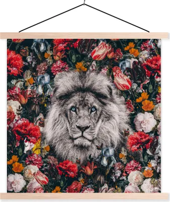 Produktbild von MuchoWow® Textilposter Löwen - Blumen - Farbe 120x120 cm mit holzfarbenen Rahmen - Textil-Poster