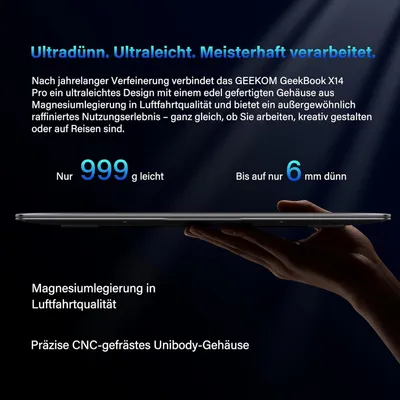 Produktbild von GEEKOM GeekBook X14 Pro Laptop, 999 g Ultraleicht, 14" 2.8K OLED, Ultra 9-185H, 32GB LPDDR5x RAM 7500MT/s, 1TB SSD, 2X USB4, Fingerprint & Webcam