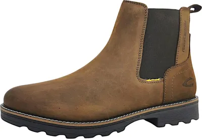 A single brown leather boot is shown against a white background.
